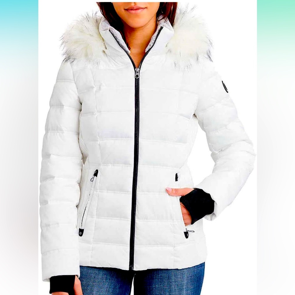Nautica White Puffer Jacket with faux Fur trim XL